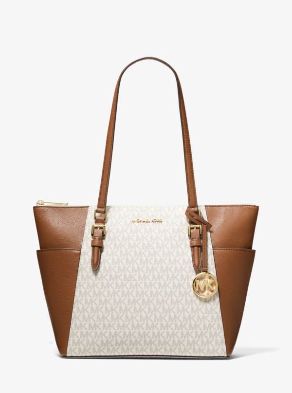 Damske Prenosná Taška Michael Kors Charlotte Large Logo and Leather Top-Zip Biele Žlté - Kabelky Michael Kors Vypredaj | SETBI-9635